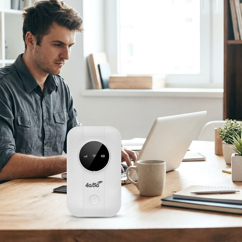 Portable WiFi Router in use, lifestyle
